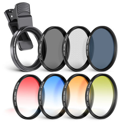 Picture of NEEWER 55mm Clip On Filters Kit for Phone & Camera, CPL, ND32 ND Filter,Star Filter,4 Graduated Color Filter, 52-55mm Adapter Ring, Phone Lens Clip Compatible with iPhone 14 Pro Max 14 13 12 11