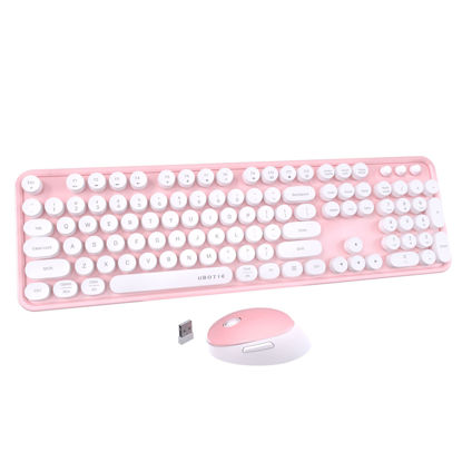 Picture of UBOTIE Colorful Computer Wireless Keyboard Mouse Combos, Typewriter Flexible Keys Office Full-Sized Keyboard, 2.4GHz Dropout-Free Connection and Optical Mouse (Pink-White)