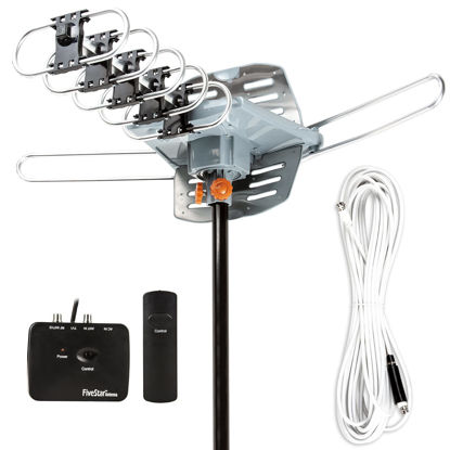 Picture of Five Star Outdoor 150 Mile Motorized 360 Degree Rotation OTA Amplified HDTV Antenna for 2 TVs Support - UHF/VHF/1080P Channels Wireless Remote Control - 40 FT RG6 Coax Cable