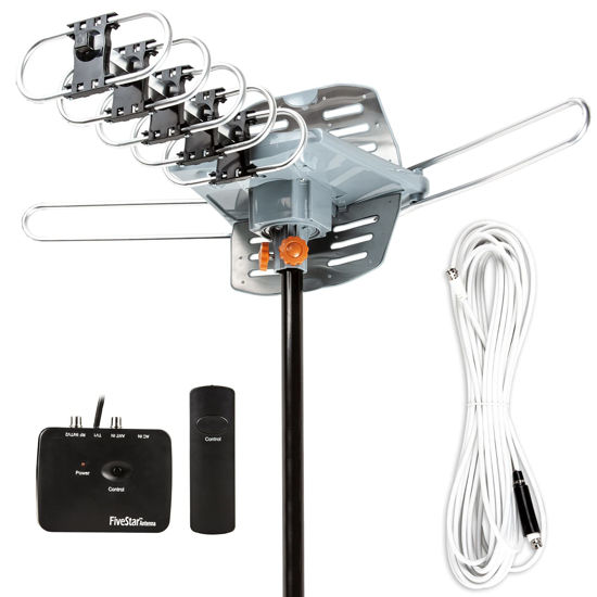 Picture of Five Star Outdoor 150 Mile Motorized 360 Degree Rotation OTA Amplified HDTV Antenna for 2 TVs Support - UHF/VHF/1080P Channels Wireless Remote Control - 40 FT RG6 Coax Cable