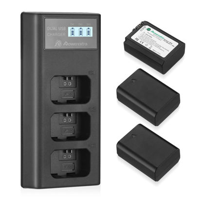 Picture of Powerextra NP-FW50 Rechargeable Battery Charger Set for Sony ZV-E10 A6000 A6500 A6300 A7 A7II A7SII A7S A7S2 A7R A7R2 A7RII A55 A510 RX10 RX10II (3 Pack Batteries and 3 Channel Charger LCD Display)