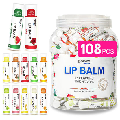 Picture of DMSKY 108 Pack Lip Balm Bulk with Vitamin E and Coconut Oil 12 Flavors -100% Natural Ingredients - Lip Moisturizer Treatment - Party Favors Chapstick in Bulk