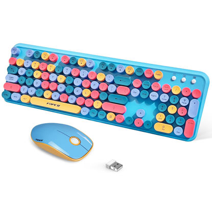 Picture of FOPETT 2.4GHz Wireless Keyboard and Mouse Set with Switch Button - Full-Size Keyboard - Compatible for Windows/Laptop/PC/Notebook/Smart TV and More - Blue Colorful