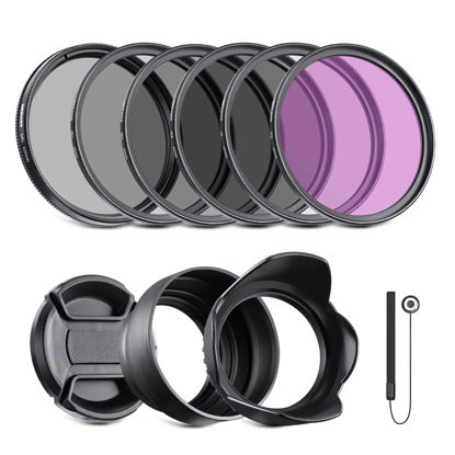 Picture of NEEWER 62mm ND2 ND4 ND8 UV CPL FLD Filter and Lens Accessories Kit with Snap on Lens Cap, Tulip Shaped Lens Hood, Collapsible Rubber Lens Hood, Filter Pouch, Safety Tether and Cleaning Cloth