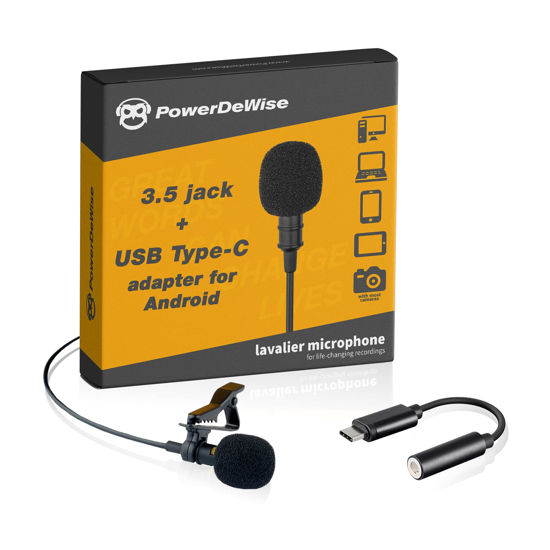 Picture of PowerDeWise Upgraded 2022 Type-C Lavalier Microphone with Adapter - Omnidirectional USB C Lav Mic for Android, PC, Mac, Recorders - YouTube Interview Vlogging ASMR Dictation