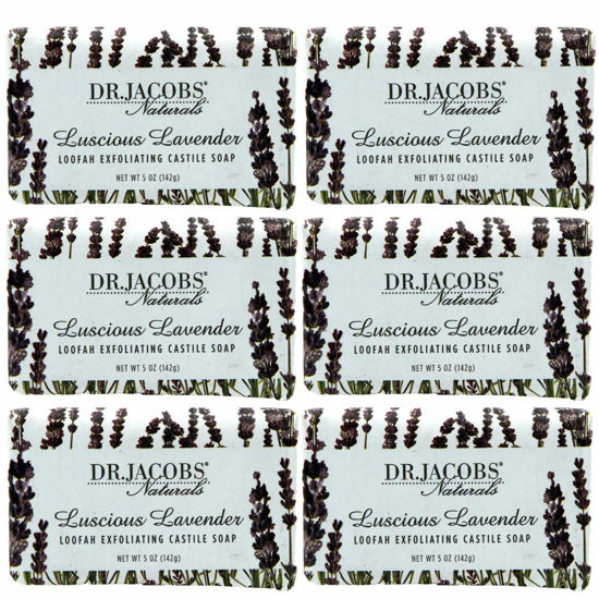 Picture of Dr Jacobs Naturals Pure Castile Vegan Bar Soap (Luscious Lavender, 5 oz, 6-pack) - Triple Milled Exfoliating, Made with Premium Organic Oils - Vegan, No Palm Oil, GMO Free - Concentrated, Hypoallergenic and Dermatologist Approved