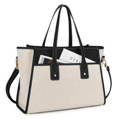 Picture of Missnine Tote Bag Canvas Laptop Bag 15.6 inch Work Bags for Women Teacher Bag Casual Computer Shoulder Purse for Office, College, Travel