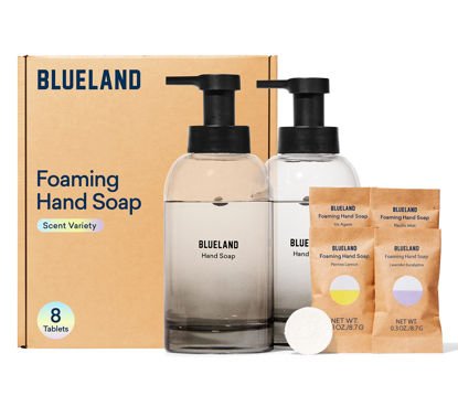 Picture of BLUELAND Hand Soap Duo Slate - 2 Refillable Glass Foaming Hand Soap Dispensers + 8 Tablet Refills, Variety Scents, Makes 8 x 9 Fl oz bottles (72 Fl oz total)