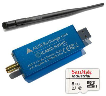 Picture of ADSBexchange.com Blue R820T2 RTL2832U, 0.5 PPM TCXO ADS-B SDR w/Amp and 1090 Mhz Filter, Antenna & Software on Industrial MicroSD