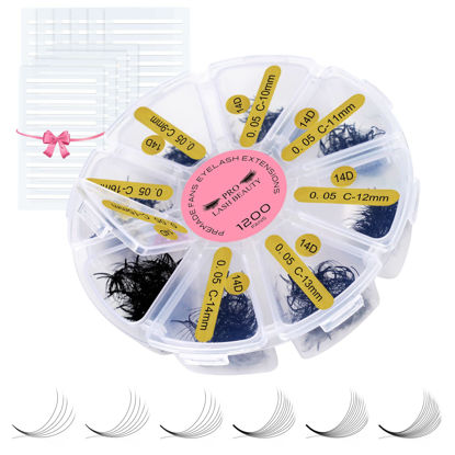 Picture of 1200 Fans Premade Fans Eyelash Extensions Premade Volume Lash Extension Mixed Tray From 5D to 14D Handmade Lashes Bulk Promade Fans Soft Pointed Fans 7D-C-0.07-9-16mix