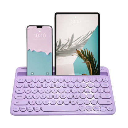 Picture of Macally Small Wireless Bluetooth Keyboard (Built-in Stand/Slot) for Tablet and Phone, iPad, iPhone, Rechargeable - 78 Key - Universal Multi Device Compatibility - Purple