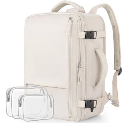 Picture of Snoffic Reliable Travel Backpack for Women Men, Carry On Backpack Personal Item, Waterproof College Backpack, Business Work Hiking Casual Daypack Bag, Fits 17.3" Laptop, Beige