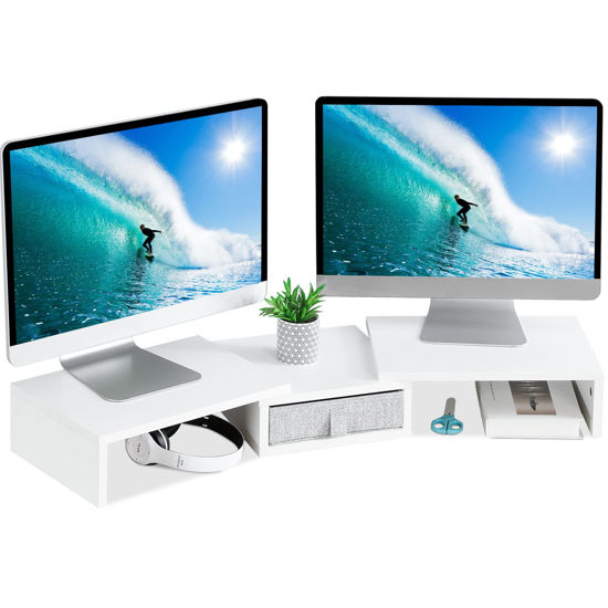 GetUSCart TEAMIX White Dual Monitor Stand Riser with Drawer Length