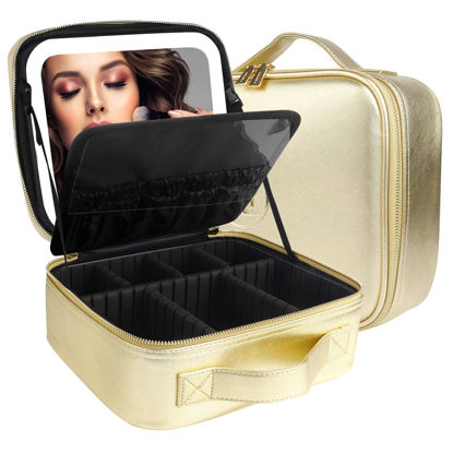 Picture of MOMIRA Makeup Bag with Mirror and Light Travel Makeup Train Case Cosmetic Bag Organizer Portable Artist Storage Bag with Adjustable Dividers Makeup Brushes Storage Organizer Golden