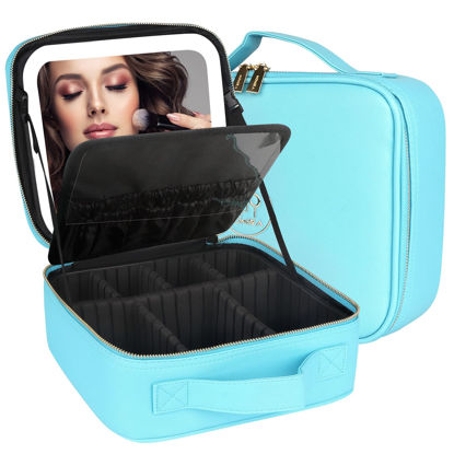 Picture of MOMIRA Makeup Bag with Mirror and Light Travel Makeup Train Case Cosmetic Bag Organizer Portable Artist Storage Bag with Adjustable Dividers Makeup Brushes Storage Organizer Diamond Blue