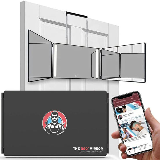 Picture of LIPFISBARBERSHOP.COM The 360 LED Mirror - Adjustable Telescoping Hooks, Perfect Self Haircut Mirror for Men - 3 Way Mirror for Hair Cutting - Mirror to Cut Your Own Hair (with LED Lights)