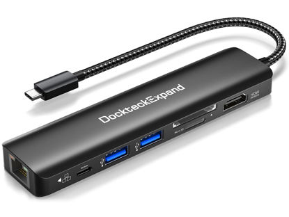 Picture of USB C Hub Multiport Adapter, DockteckExpand USB C Dongle 7 in 1 with 4K 60Hz HDMI Port, 1Gbps Ethernet, 100W PD, 2 USB 3.0 Ports, SD/TF Card Reader for MacBook iPad HP Dell XPS and More