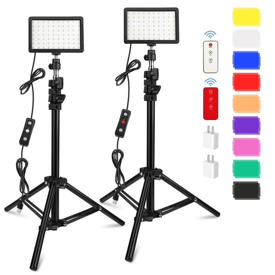 Picture of 2 Pack 70 LED Video Light with Tripod Stand/Color Filters/Remote Control/USB Wall Charger, Obeamiu 5600K USB Studio Shooting Kit for Photography Lighting, Game Streaming, Conference Zoom Calls