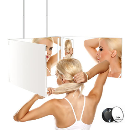Picture of JANMPASK LED 3 Way Mirror for Self Hair Cutting Mirror Vanity Mirror Barber Supplies Accessories 360 Makeup Mirror with Light Trifold Mirror to See Back of Head (White with Light)