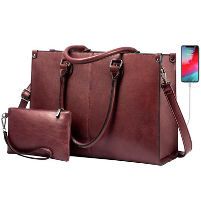 Picture of LOVEVOOK Laptop Bag for Women, 15.6 inch Laptop Tote Work Bags with USB Charging Port, Vintage Leather Computer Bag