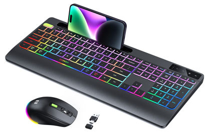 Picture of Wireless Keyboard and Mouse Backlit, seenda Ergonomic Keyboard Mouse with Wrist Rest, 2.4G USB & Type C, Full-Size Silent Rechargeable RGB Light Up Combo for Mac Windows, Laptop, PC Computer