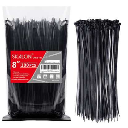 Picture of Zip Ties 8 inch (100 Pack), 40lbs Tensile Strength, Black Cable Ties, Wire Ties for indoor and outdoor use, by Skalon
