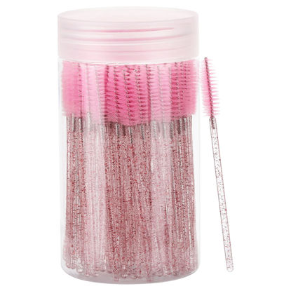 Picture of 100 Pcs Disposable Mascara Wands, Lash Brushes with Container, Crystal Eyebrow Spoolies Brush for Eyelash Extensions (Pink, Hotpink)