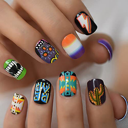 Picture of Short Funny Harajuku Style Fake False Nails With Designs Round Press Ons Nails Art Tips For Students Girls