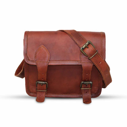 Picture of 9" small Leather messenger bag shoulder bag cross body vintage messenger bag for women & men satchel man purse compatible with Ipad and tablet Brown
