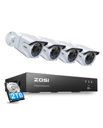 Picture of ZOSI 4K Ultra HD Security Camera System,4pcs 8MP IP66 Weatherproof Outdoor Surveillance Bullet Cameras,Color Night Vision,Human Detection,8 Ports 16CH 4K Video NVR with 2TB HDD for 24/7 Recording