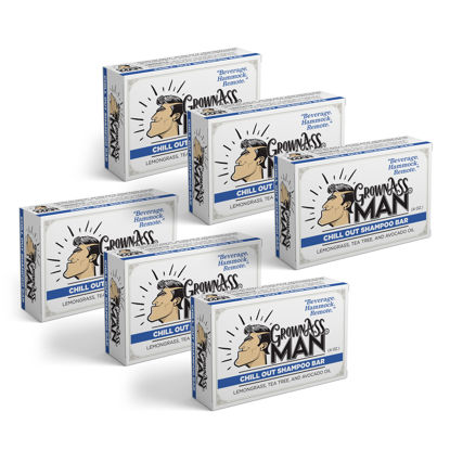 Picture of Grown Ass Man Co. - Solid Shampoo Bar Rich Lather 3 in 1: Hair, Beard & Body Wash - Plastic Free & Eco-Friendly, Natural & Organic Clean for All Hair Types, 4oz Bar (Chill Out, 6-Pack)