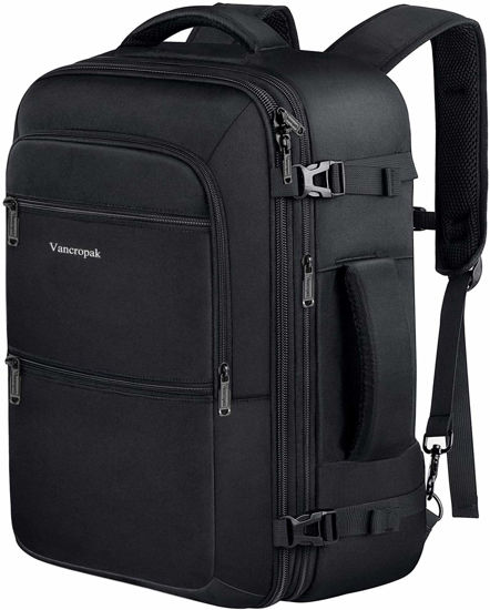 Picture of Vancropak Travel Backpack, 40L Flight Approved Carry On Backpack for Men & Women, Expandable Large Luggage Backpack Daypack Water Resistant Lightweight Business Weekender Bag, Black