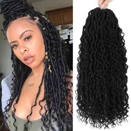 Picture of Fulcrum Goddess Locs Crochet Hair 22 Inch, 8 Packs New Goddess Faux Locs Crochet Hair for Black Women, River Locs Crochet Hair with Curly Ends (22Inch (Pack of 8), 1B#)