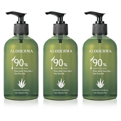 Picture of Aloderma 90% Organic Aloe Vera Gel With Tea Tree Oil 3 Btls, Pure Aloe Vera Gel for Face - Natural Aloe Vera Gel for Sunburn Treatment, Acne, Aftershave, After Waxing - Aloe Vera Moisturizer for Face