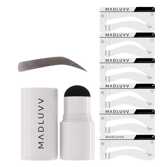 Picture of MADLUVV Eyebrow Stencil Kit - Easy-to-Use, Natural Look, 6 Popular Shapes, Used by Professionals - Includes Stamp, Stencils, Spoolie, and Travel Bag (Dark Brown)