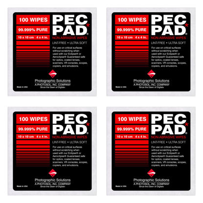 Picture of PEC-PAD Lint Free Wipes 4”x4” Non-Abrasive Ultra Soft Cloth for Cleaning Sensitive Surfaces like Camera, Lens, Filters, Film, Scanners, Telescopes, Microscopes, Binoculars. (100 Sheets Per/Pkg) 4-Pack
