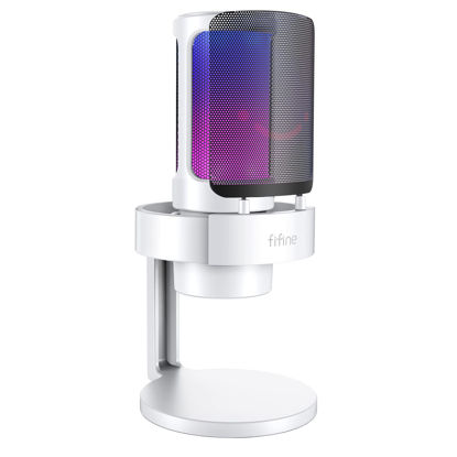 Picture of FIFINE Gaming USB PC Computer RGB Microphone for Live Streaming, Meeting, Podcasting, Video, Condenser Mic with Monitoring Headphone Jack, Light Control, for MAC OS/Windows-AmpliGame A8 White