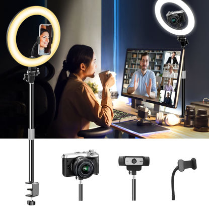 Picture of 10'' Computer Streaming Ring Light with Desk Mount Stand for Video Conferencing Recording/Zoom Meeting/Calls/Makeup-LED Desktop Circle Lighting with Clamp Stand&Phone Holder for Phone/Webcam/Camera