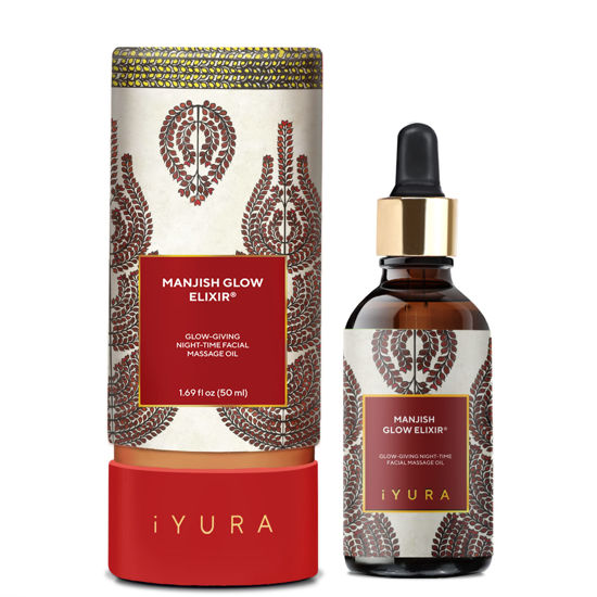 Picture of iYURA Manjish Glow Elixir - Traditional Glow-Boosting Face Moisturizer for an Instant Dewy Glow & Clear-looking skin - Lightweight, 100% Natural Nighttime Face Oil, 1.69 fl oz