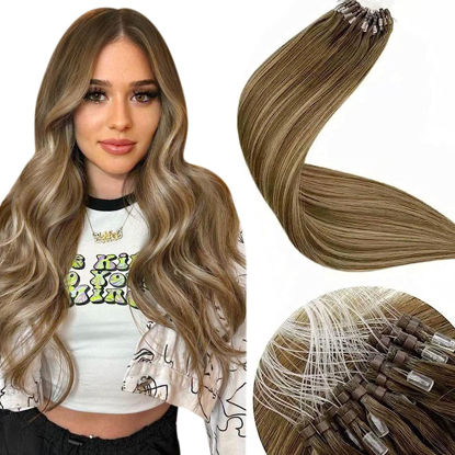Picture of 【Deal】LAAVOO Balayage Brown Microlink Hair Extensions Human Hair 18 inch Light Brown to Golden Blonde Mix Brown Micro Beads Human Hair Extensions Brown Remy Human Hair Soft Straight 50g/50s