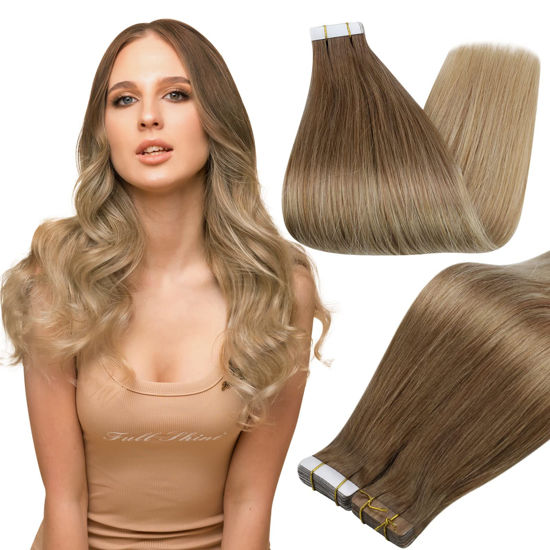 GetUSCart Full Shine 16 Inch Tape in Hair Extensions Seamless Straight Tape in Extensions Ombre Human Hair Tape ins 50 Gram 20 Pcs Color 10 Golden Brown to 14 Dark Blonde Real Human Hair Extensions