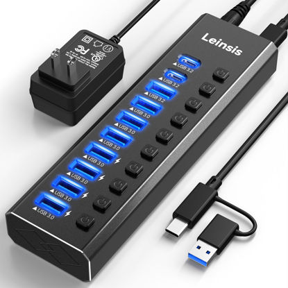 Picture of Powered USB Hub 3.2, LEINSIS 10-Port USB 3.2/USB C Hub (10Gbps USB-A 3.2 +2 USB-C 3.2 +7 USB 3.0 Ports) with Individual On/Off Switches and 12V Power Adapter, Aluminum USB Hub Powered for Laptop PC