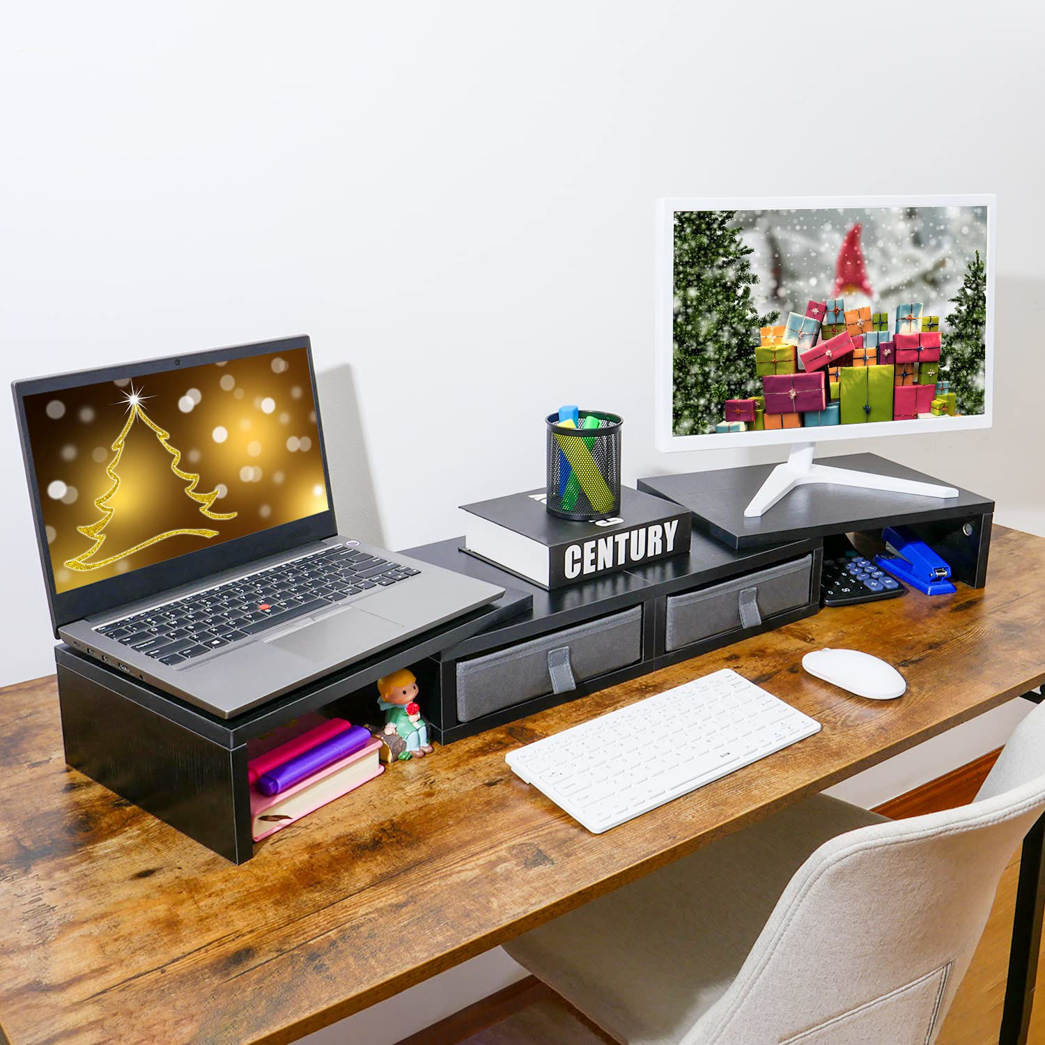 GetUSCart TEAMIX Dual Monitor Stand Riser with 2 DrawersLength and