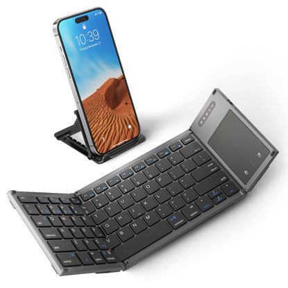 Picture of Samsers Foldable Bluetooth Keyboard with Touchpad, Full-Size Wireless Folding Keyboard with Holder, Rechargeable Portable Travel Keyboard for iOS Android Windows Mac OS, Support 3 Devices (BT5.1 x 3)