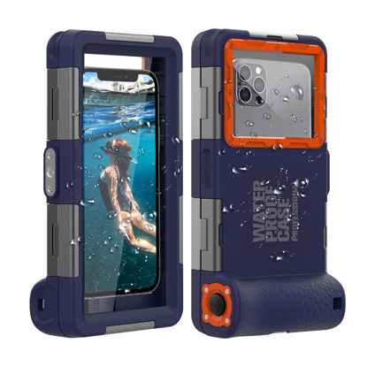 Picture of (2nd Gen) Universal Phone Waterproof Case for Most of Samsung Galaxy and iPhone Series, 66ft Underwater Photography Waterproof Housing, Diving Case for Underwater Photo Video (Navy Blue + Orange)