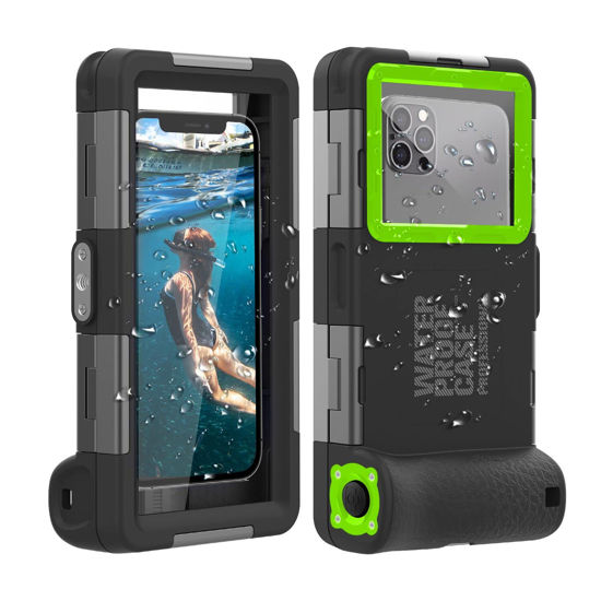 Picture of (2nd Gen) Universal Phone Waterproof Case for Most of Samsung Galaxy and iPhone Series, 50ft Underwater Photography Waterproof Housing, Diving Case for Swimming Snorkeling Photo Video (Black+Green)