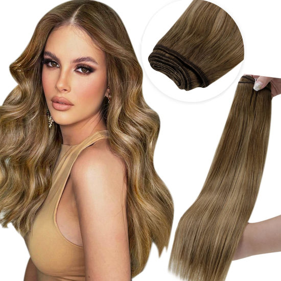 Picture of LAAVOO Weft Hair Extensions Balayage Light Brown to Golden Brown Sew in Hair Extensions Real Human Hair Ombre Hand Tied Weft Hair Extensions Straight Human Hair 14inch 80g