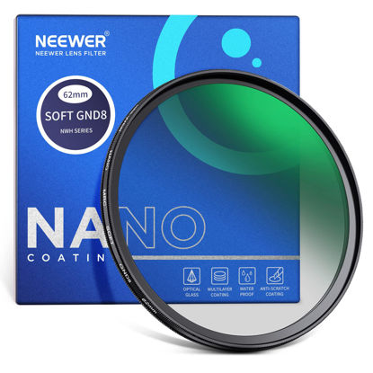 Picture of NEEWER 62mm HD Soft Gradient ND Lens Filter, GND8 3 Stop (0.9) Graduated Neutral Density Filter, 31 Layer Nano Coated/Water Repellent/Scratch Resistant/Anti Reflectivity for Balanced Light Proportion
