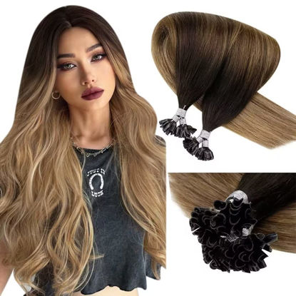 Picture of 【Limited Deal】U Tip Hair Extensions Balayage Brown U Tip Remy Human Hair Extensions Balayage Darkest Brown to Medium Brown and Blonde Pre Bonded Keratin Hair Extensions Hot Fusion 50g 1g/s 16 inch