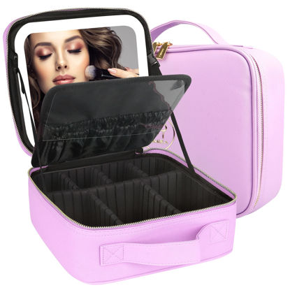 Picture of MOMIRA Makeup Bag with Mirror and Light Travel Makeup Train Case Cosmetic Bag Organizer Portable Artist Storage Bag with Adjustable Dividers Makeup Brushes Storage Organizer Purple